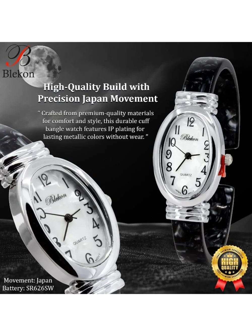 Women's Silver/White/Black Pearl/Oval Shell Color Design Cuff Bangle Watch